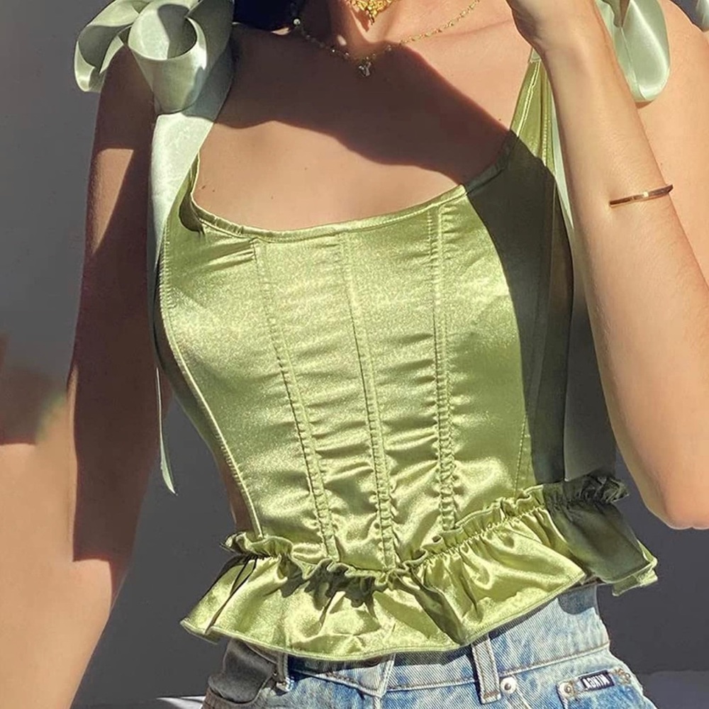 Green corset lace up top with ribbon sleeves